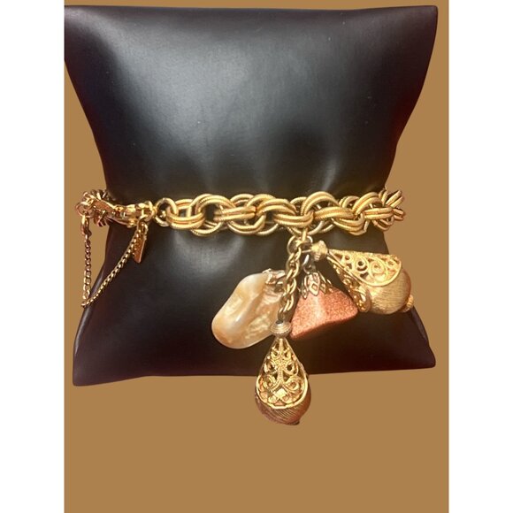 Vintage Monet Gold-Plated Charm Bracelet With Pearl & Textured Accents - Picture 1 of 4